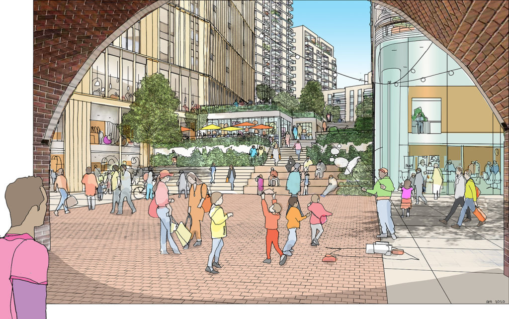 Artist's impression of the landscape courtyard looking towards The Makery